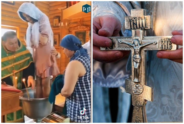 Священник РПЦ кумедно охрестив в чаші дорослу дівчину